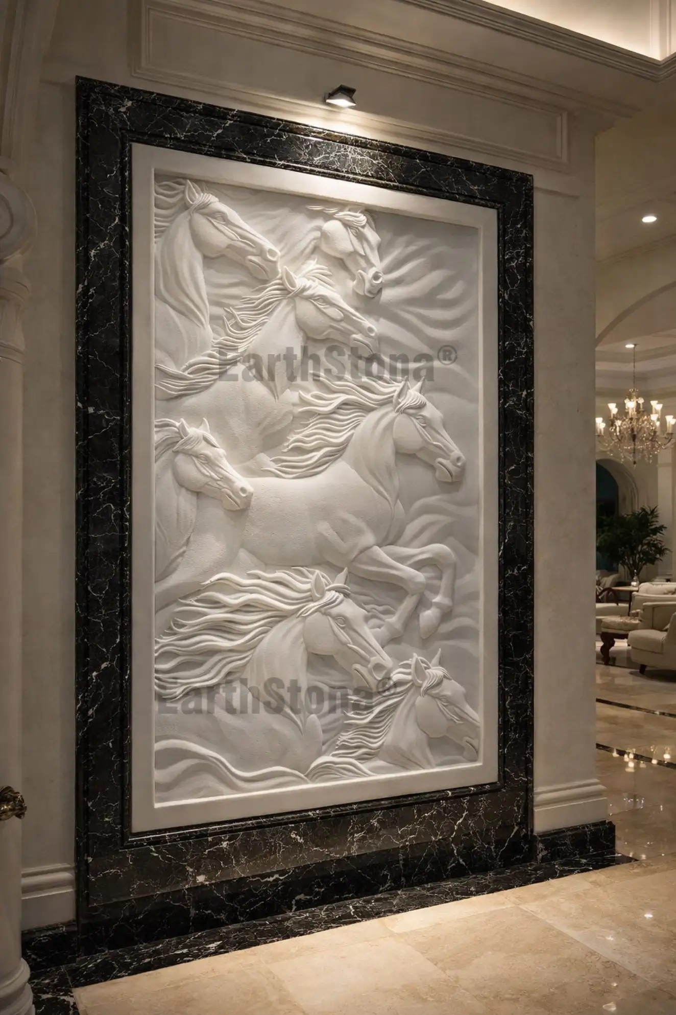 Seven running horses white marble wall mural with black Italian marble border in luxury villa interior